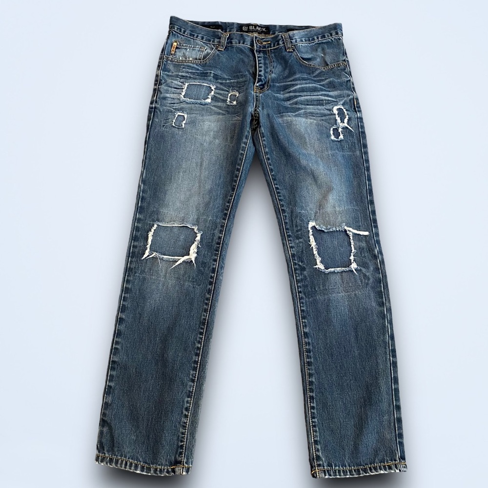 Black Premium Brand Men’s Distressed Patch Slim Jeans 34x32